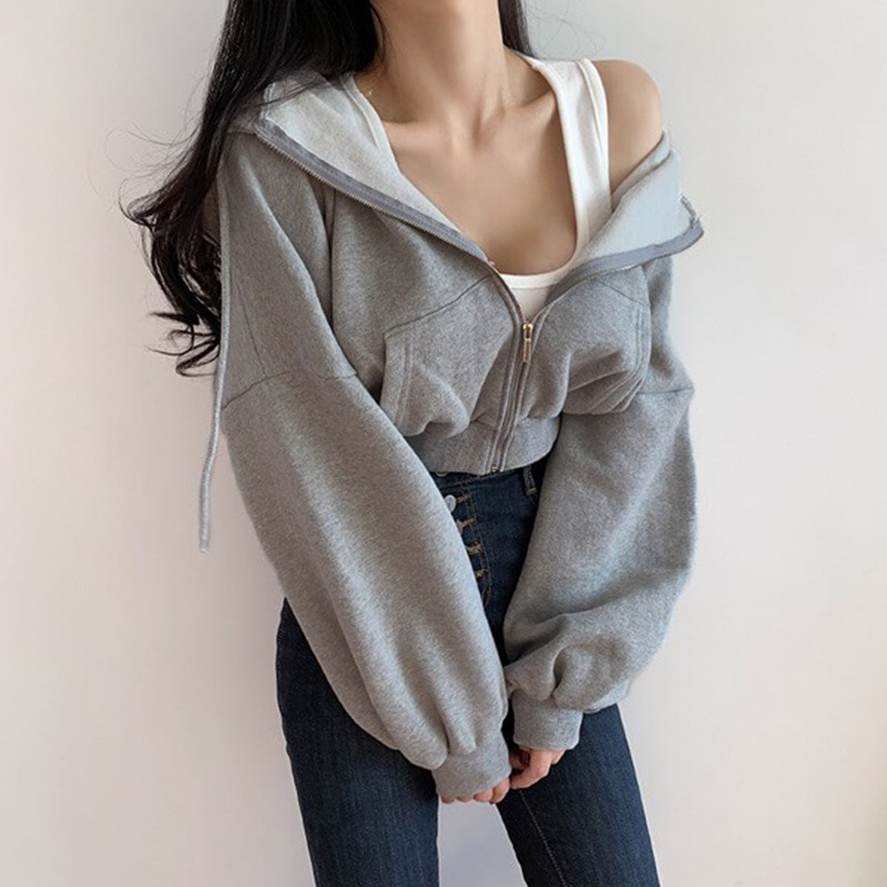 Short Hoodies Women Solid Color Lady Sweatshirt Tracksuit Long Sleeve Female Crop Top Fashion Korean Clothes Harajuk